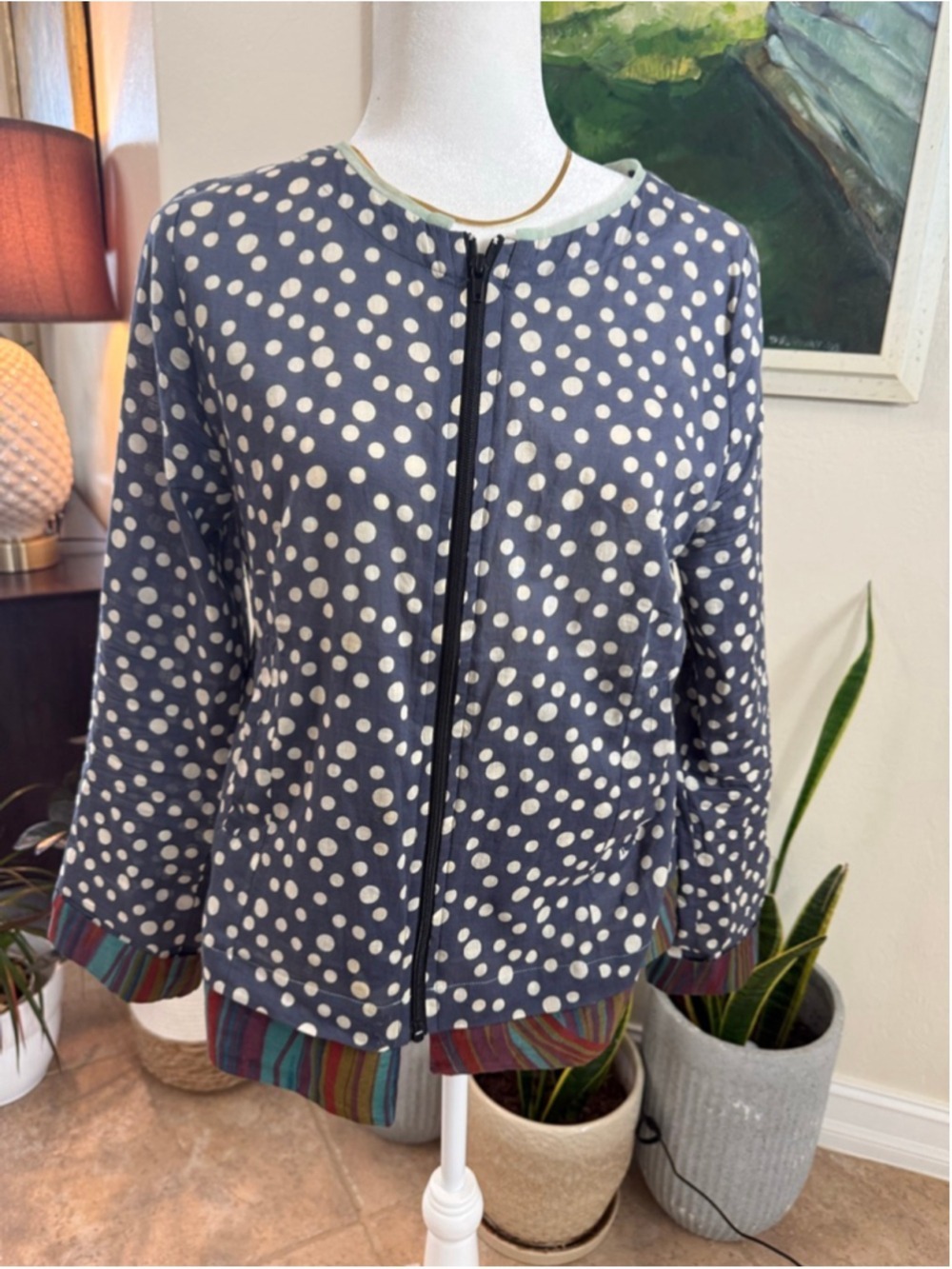 Little Journeys Chicago Blue White Polka Dot cotton zip up cardigan Jacket M